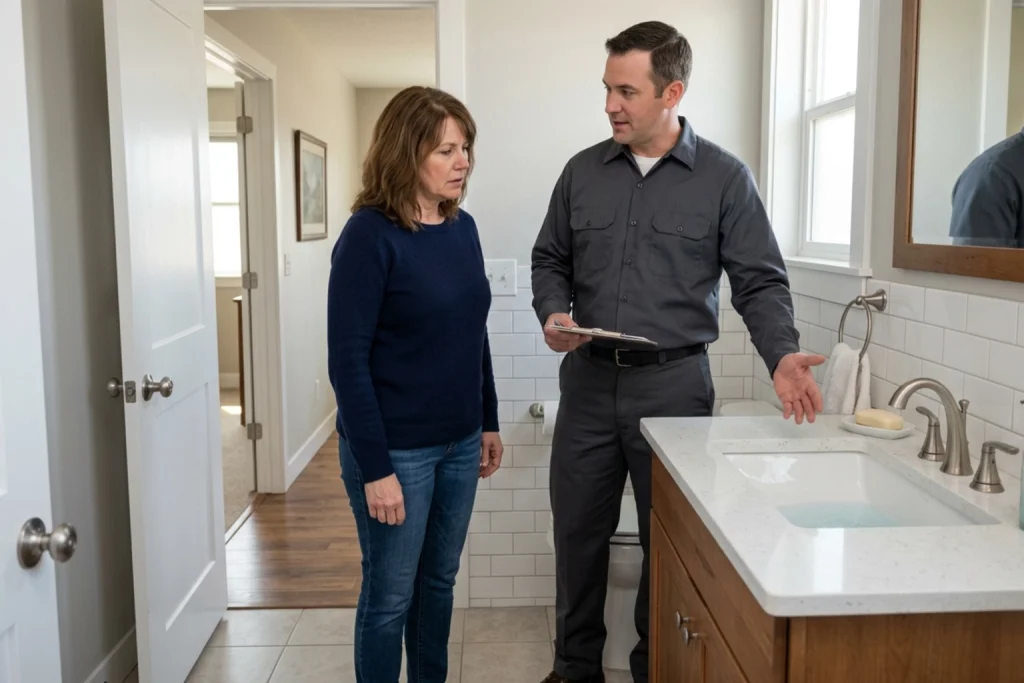 Greeley homeowner discussing slow drains with septic technician