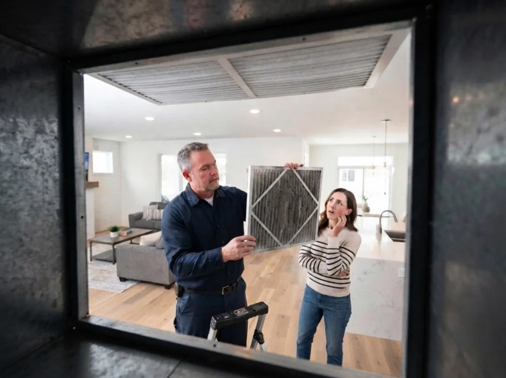 An HVAC tech air filter and showing it to the owner.