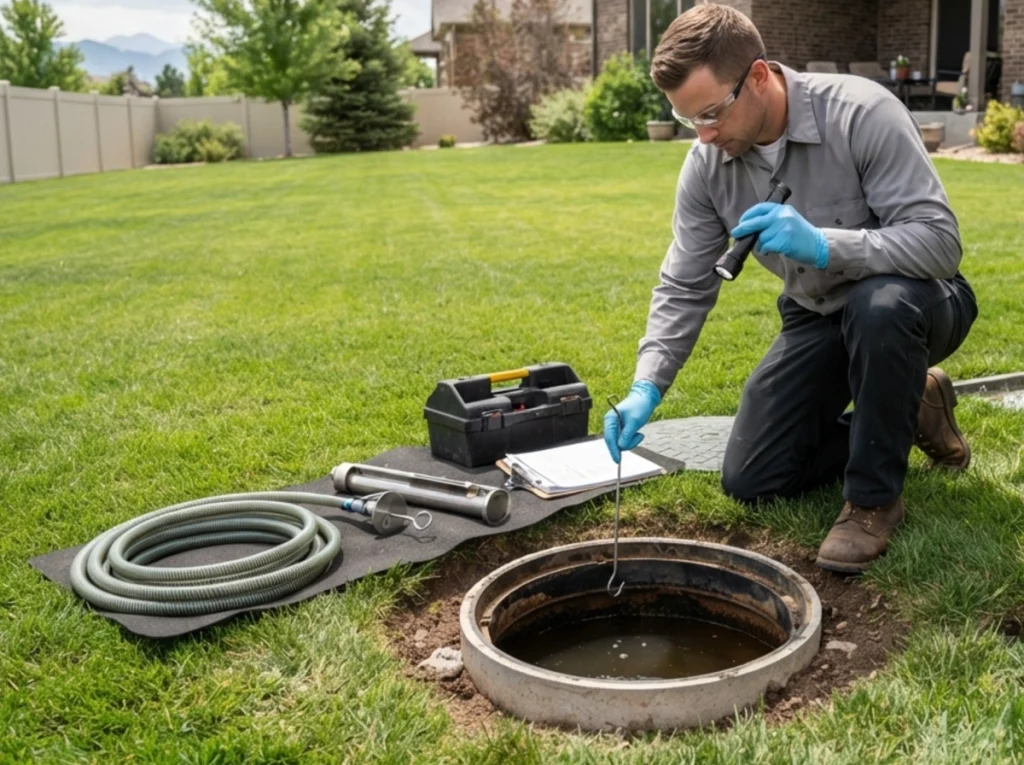 Septic technician performing a preventive summer system inspection
