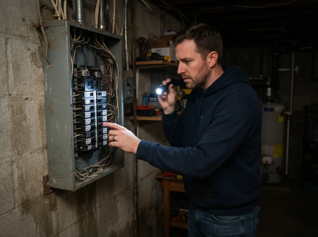 A homeowner checking his breaker box.