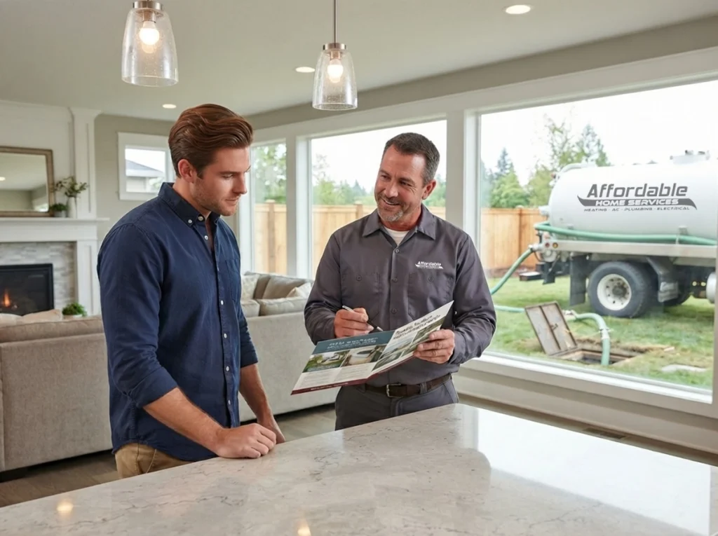 A homeowner and a septic technician discussing septic tank maintenance