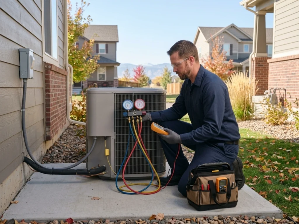 HVAC technician inspecting heat pump for fall shoulder season in Greeley Colorado
