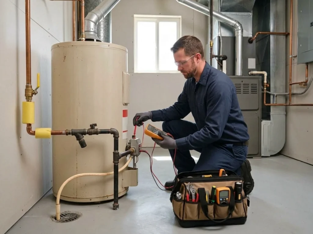 Plumber evaluating home utilities for water heater replacement in Greeley Colorado
